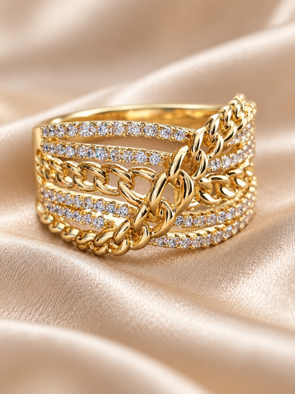 14 K. Gold Laminated Chain & CZ Multi-Row Statement Ring - Gold